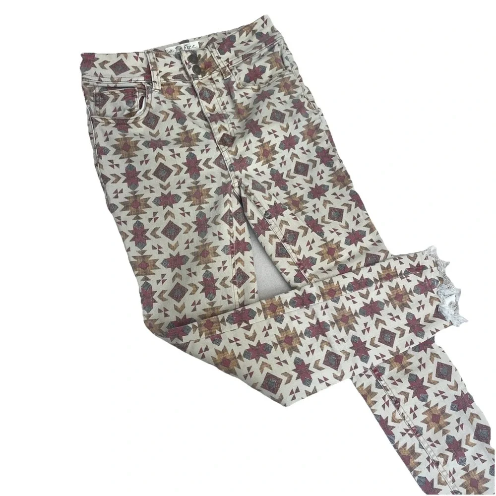 Free People Wild Child We The Free Women Skinny Jeans Aztec Print Boho Sz 27 EUC - Picture 3 of 7